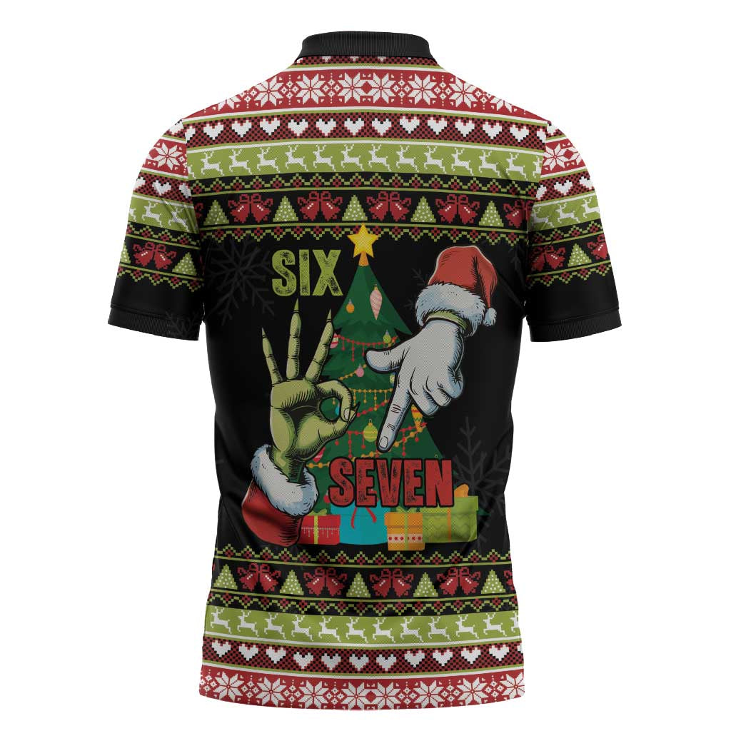 Six Seven Christmas Zipper Polo Shirt Funny Santa and Green Hands - Wonder Print Shop
