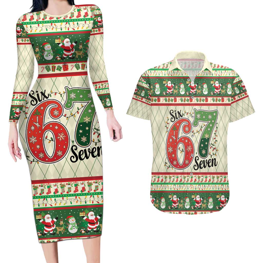 Funny Six Seven 67 Christmas Couples Matching Long Sleeve Bodycon Dress and Hawaiian Shirt Christmas Santa Patterns - Wonder Print Shop