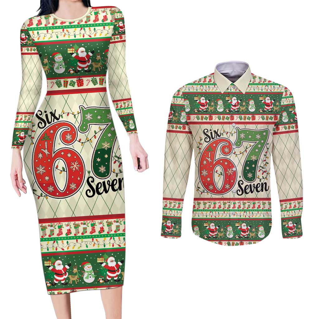 Funny Six Seven 67 Christmas Couples Matching Long Sleeve Bodycon Dress and Long Sleeve Button Shirt Christmas Santa Patterns - Wonder Print Shop