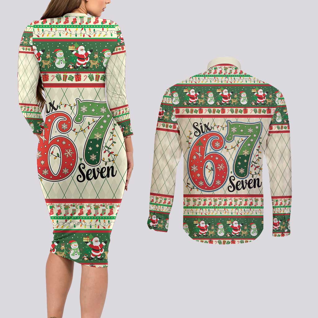 Funny Six Seven 67 Christmas Couples Matching Long Sleeve Bodycon Dress and Long Sleeve Button Shirt Christmas Santa Patterns - Wonder Print Shop