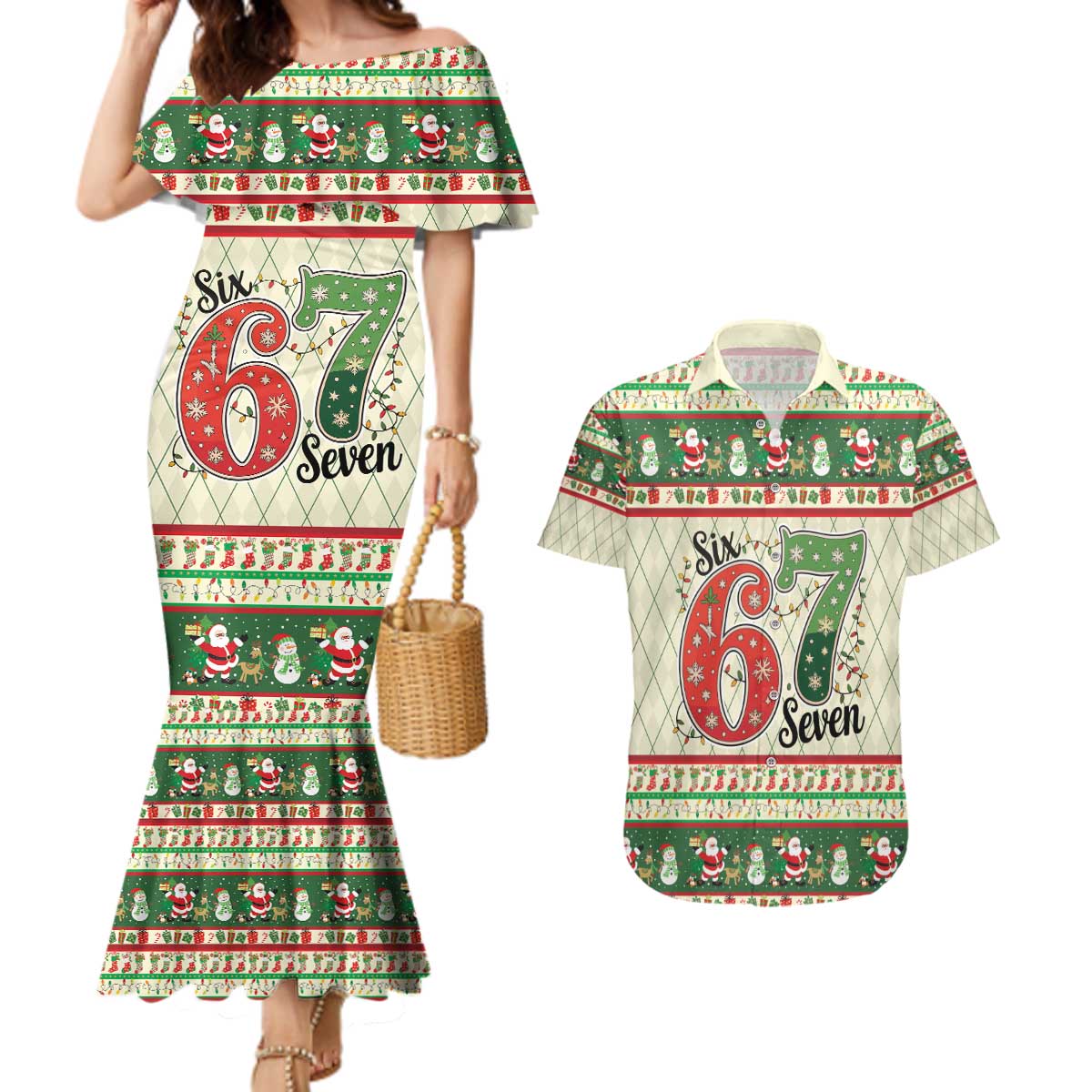 Funny Six Seven 67 Christmas Couples Matching Mermaid Dress and Hawaiian Shirt Christmas Santa Patterns - Wonder Print Shop