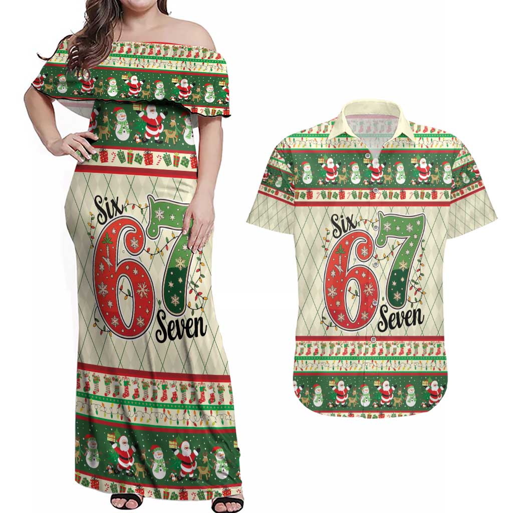 Funny Six Seven 67 Christmas Couples Matching Off Shoulder Maxi Dress and Hawaiian Shirt Christmas Santa Patterns - Wonder Print Shop