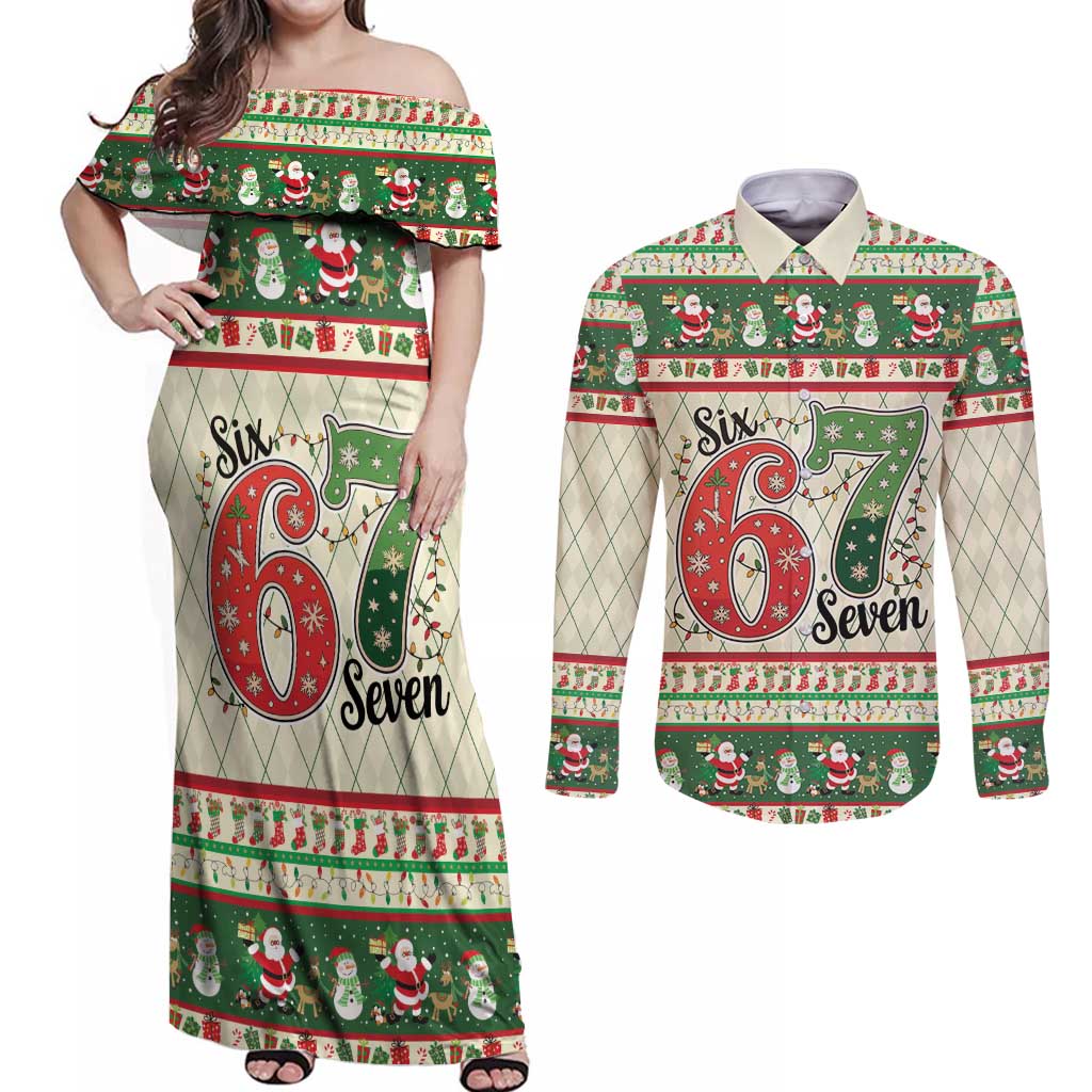Funny Six Seven 67 Christmas Couples Matching Off Shoulder Maxi Dress and Long Sleeve Button Shirt Christmas Santa Patterns - Wonder Print Shop