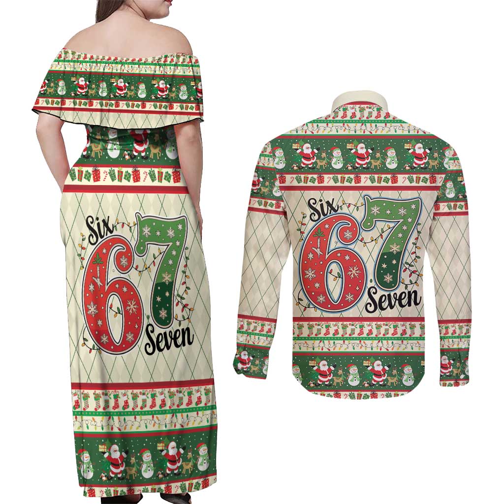 Funny Six Seven 67 Christmas Couples Matching Off Shoulder Maxi Dress and Long Sleeve Button Shirt Christmas Santa Patterns - Wonder Print Shop