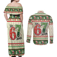 Funny Six Seven 67 Christmas Couples Matching Off Shoulder Maxi Dress and Long Sleeve Button Shirt Christmas Santa Patterns - Wonder Print Shop