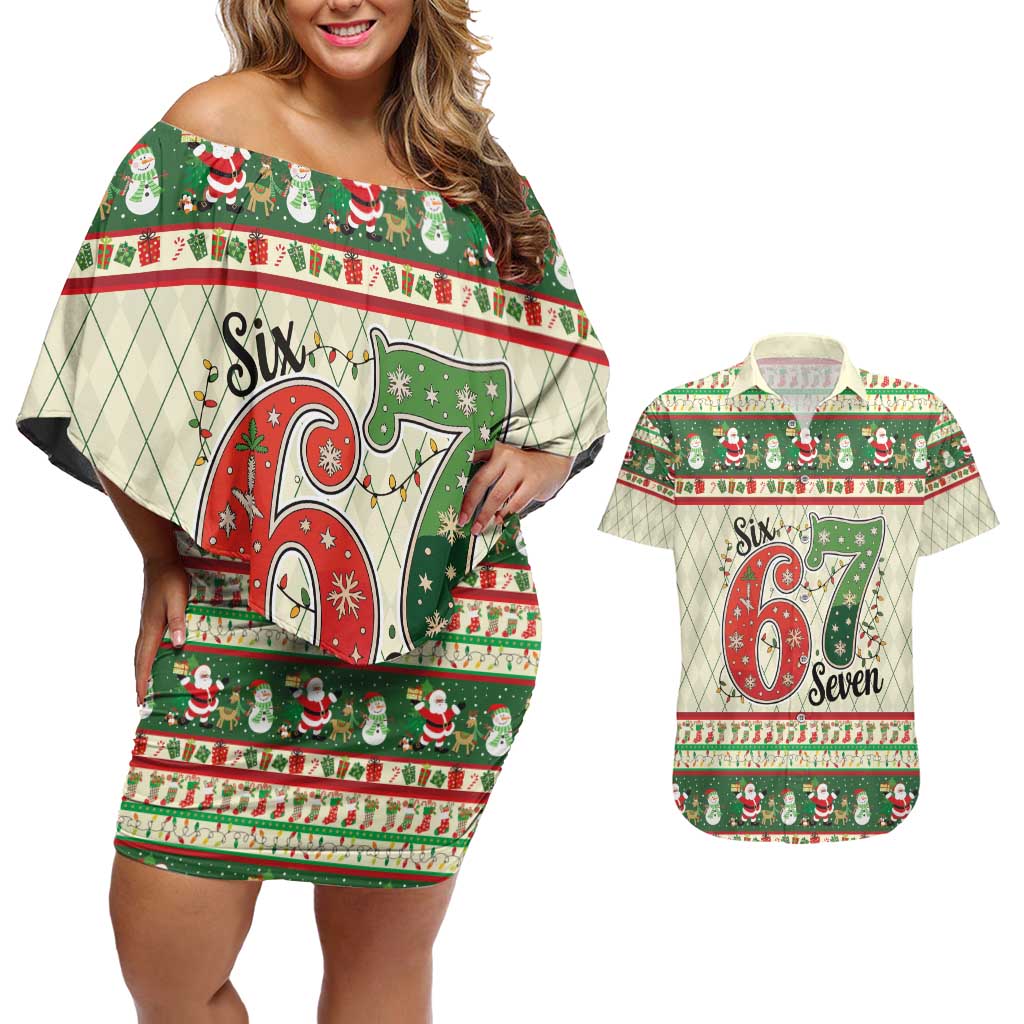 Funny Six Seven 67 Christmas Couples Matching Off Shoulder Short Dress and Hawaiian Shirt Christmas Santa Patterns - Wonder Print Shop