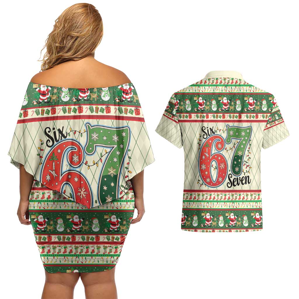 Funny Six Seven 67 Christmas Couples Matching Off Shoulder Short Dress and Hawaiian Shirt Christmas Santa Patterns - Wonder Print Shop