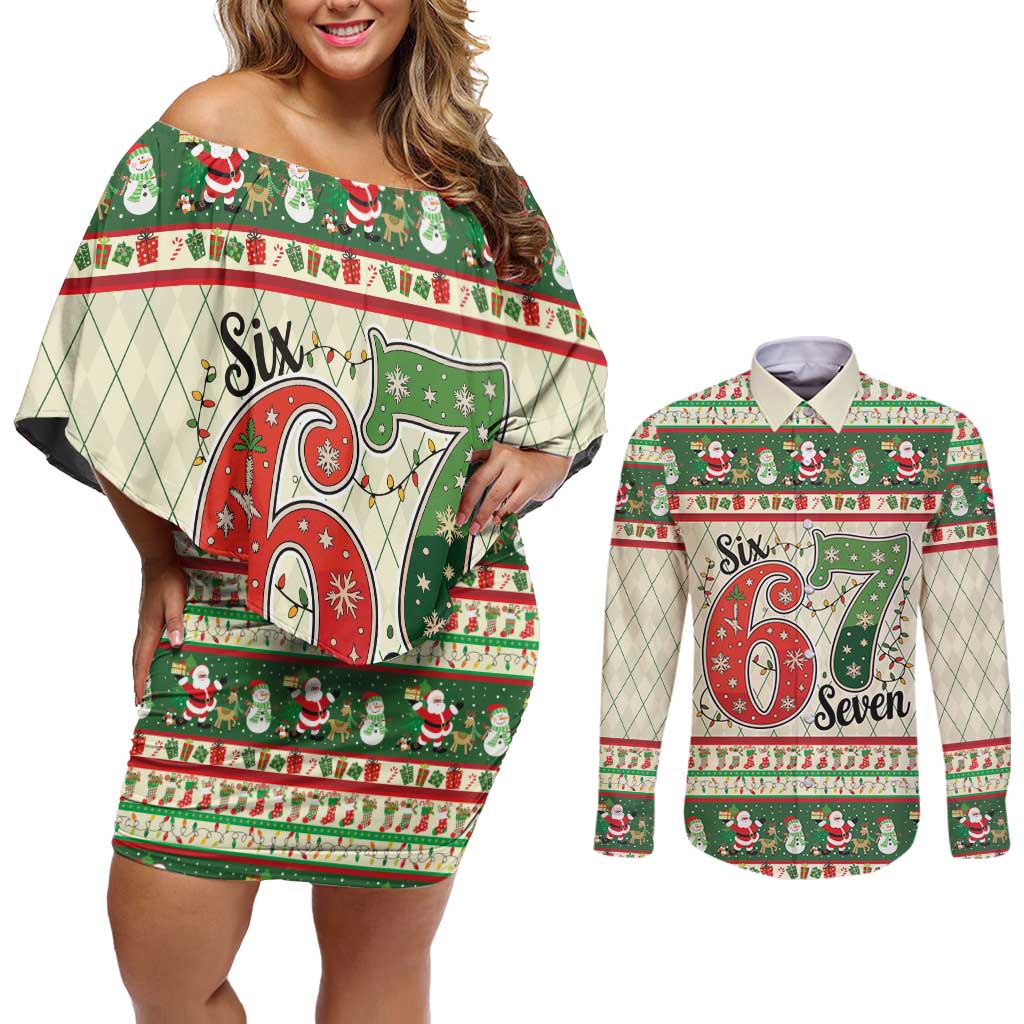 Funny Six Seven 67 Christmas Couples Matching Off Shoulder Short Dress and Long Sleeve Button Shirt Christmas Santa Patterns - Wonder Print Shop