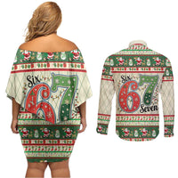 Funny Six Seven 67 Christmas Couples Matching Off Shoulder Short Dress and Long Sleeve Button Shirt Christmas Santa Patterns - Wonder Print Shop
