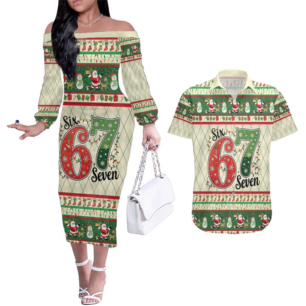 Funny Six Seven 67 Christmas Couples Matching Off The Shoulder Long Sleeve Dress and Hawaiian Shirt Christmas Santa Patterns - Wonder Print Shop