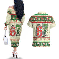 Funny Six Seven 67 Christmas Couples Matching Off The Shoulder Long Sleeve Dress and Hawaiian Shirt Christmas Santa Patterns - Wonder Print Shop