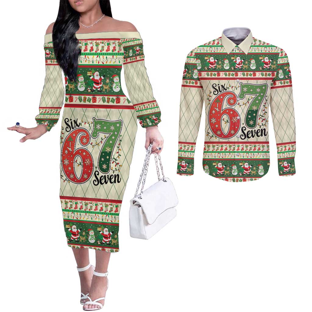 Funny Six Seven 67 Christmas Couples Matching Off The Shoulder Long Sleeve Dress and Long Sleeve Button Shirt Christmas Santa Patterns - Wonder Print Shop