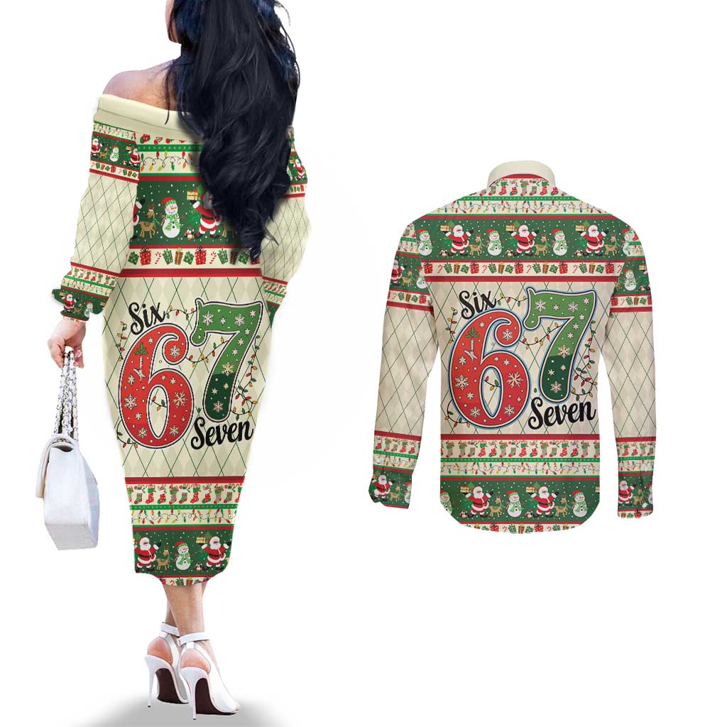 Funny Six Seven 67 Christmas Couples Matching Off The Shoulder Long Sleeve Dress and Long Sleeve Button Shirt Christmas Santa Patterns - Wonder Print Shop