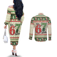 Funny Six Seven 67 Christmas Couples Matching Off The Shoulder Long Sleeve Dress and Long Sleeve Button Shirt Christmas Santa Patterns - Wonder Print Shop
