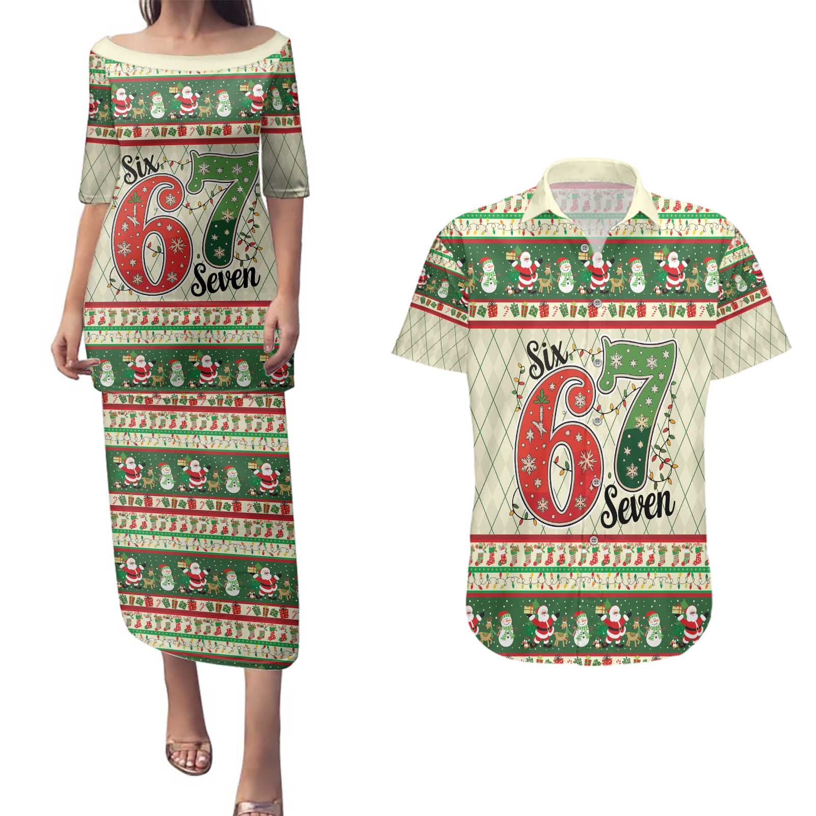Funny Six Seven 67 Christmas Couples Matching Puletasi and Hawaiian Shirt Christmas Santa Patterns - Wonder Print Shop