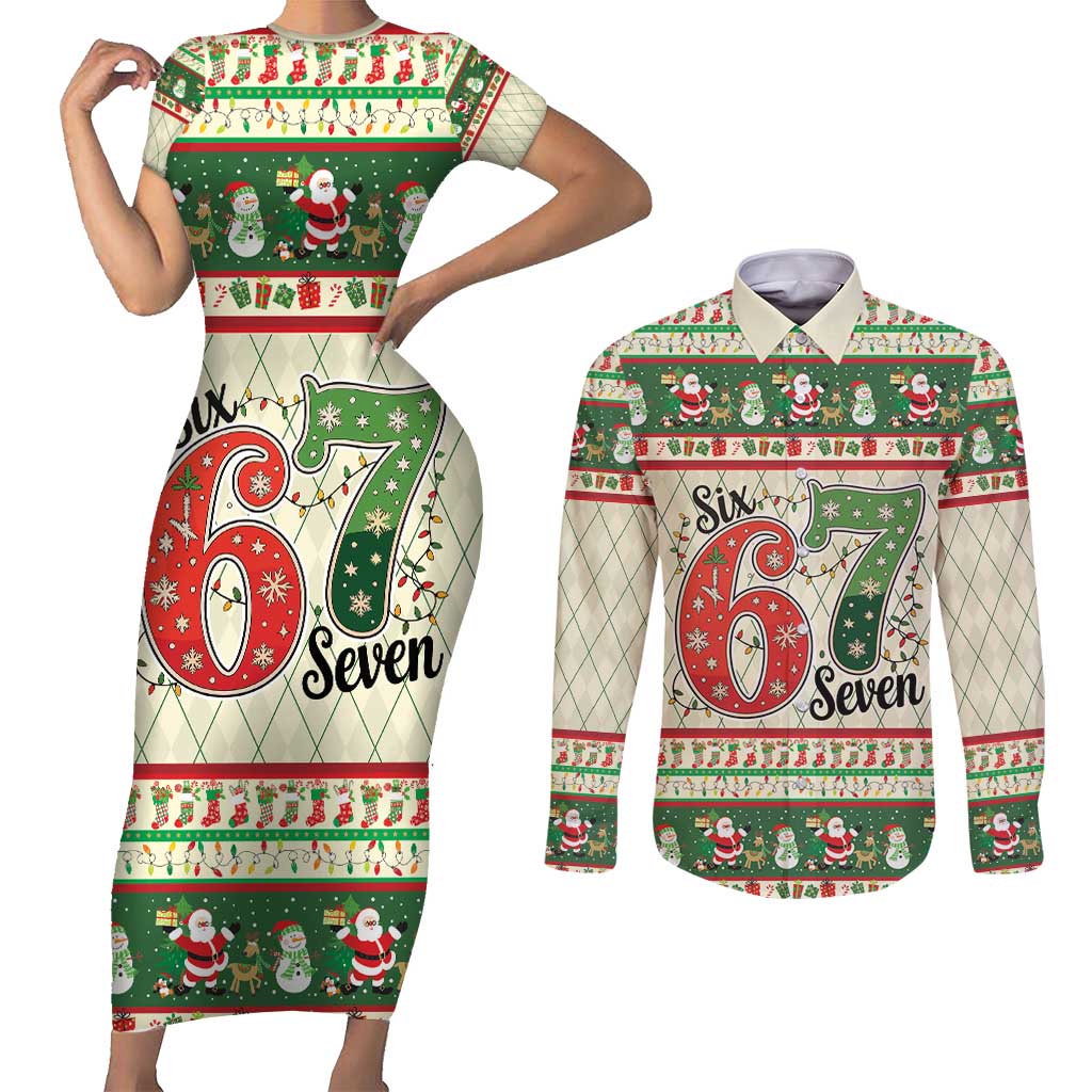 Funny Six Seven 67 Christmas Couples Matching Short Sleeve Bodycon Dress and Long Sleeve Button Shirt Christmas Santa Patterns - Wonder Print Shop