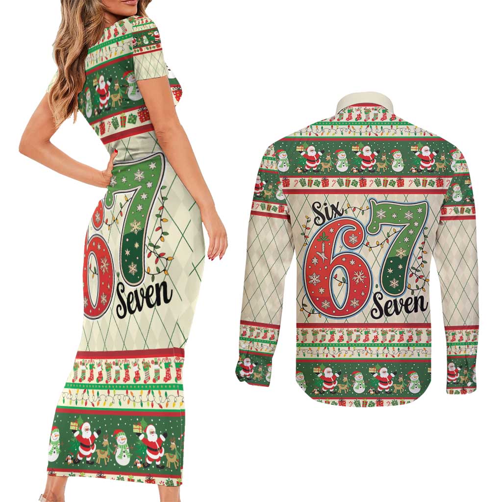 Funny Six Seven 67 Christmas Couples Matching Short Sleeve Bodycon Dress and Long Sleeve Button Shirt Christmas Santa Patterns - Wonder Print Shop