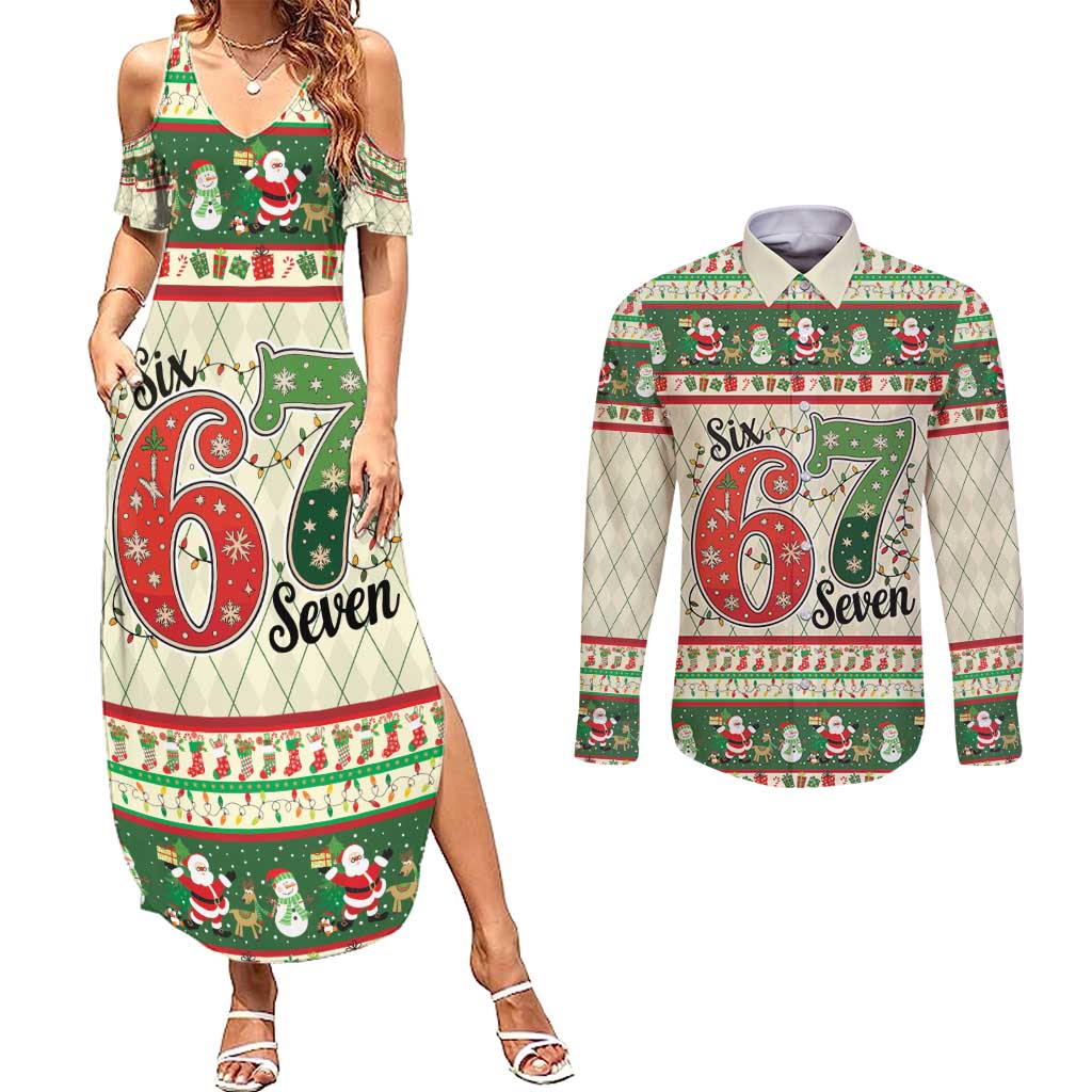Funny Six Seven 67 Christmas Couples Matching Summer Maxi Dress and Long Sleeve Button Shirt Christmas Santa Patterns - Wonder Print Shop