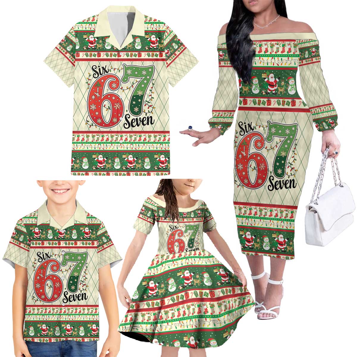 Funny Six Seven 67 Christmas Family Matching Off The Shoulder Long Sleeve Dress and Hawaiian Shirt Christmas Santa Patterns - Wonder Print Shop