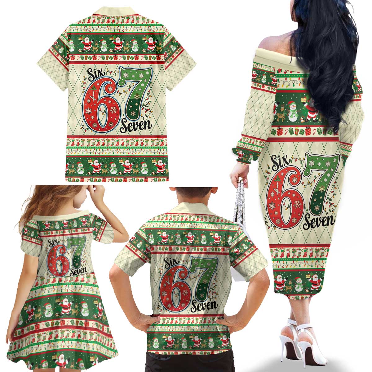 Funny Six Seven 67 Christmas Family Matching Off The Shoulder Long Sleeve Dress and Hawaiian Shirt Christmas Santa Patterns - Wonder Print Shop