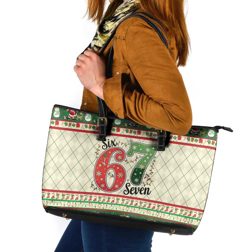 Funny Six Seven 67 Christmas Leather Tote Bag Christmas Santa Patterns - Wonder Print Shop