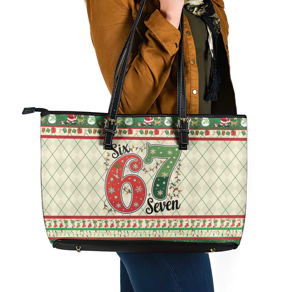 Funny Six Seven 67 Christmas Leather Tote Bag Christmas Santa Patterns - Wonder Print Shop