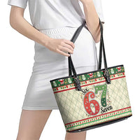 Funny Six Seven 67 Christmas Leather Tote Bag Christmas Santa Patterns - Wonder Print Shop