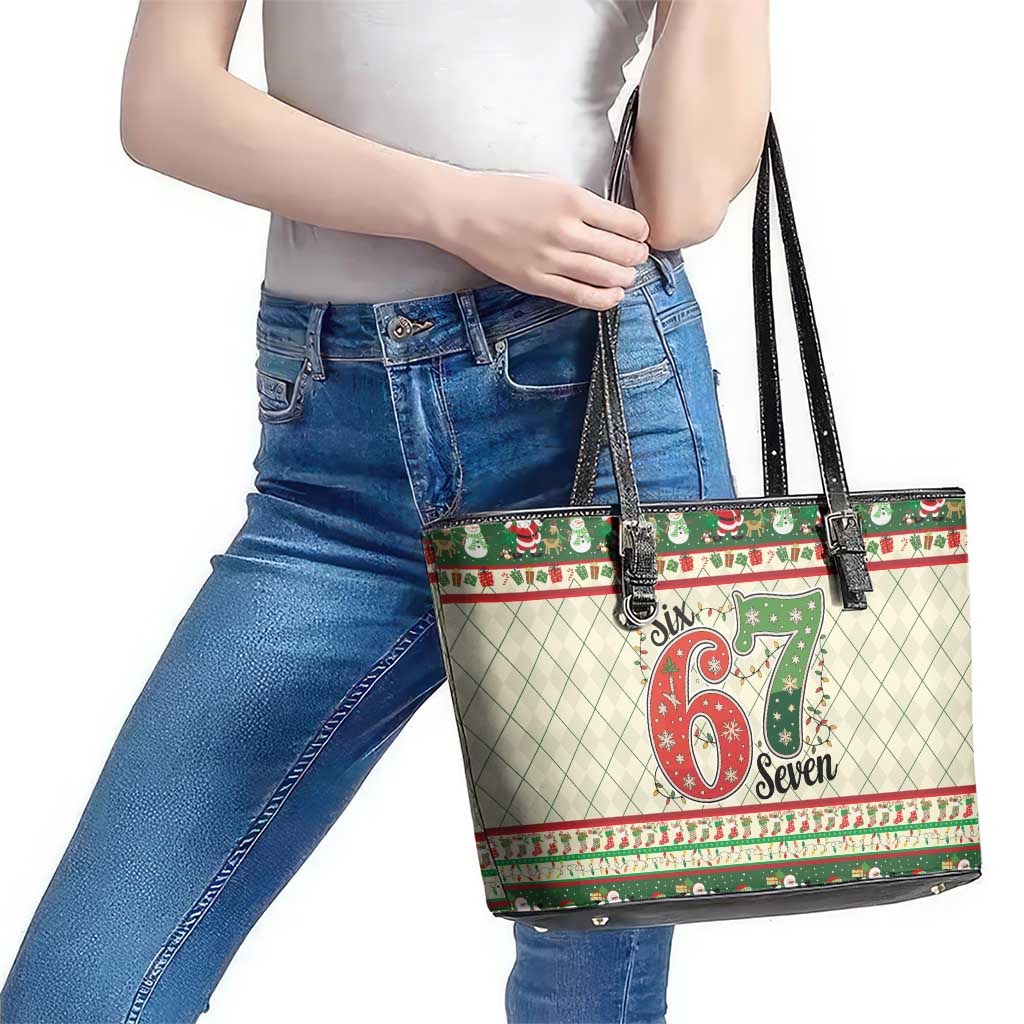 Funny Six Seven 67 Christmas Leather Tote Bag Christmas Santa Patterns - Wonder Print Shop