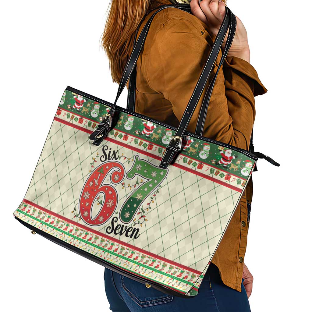 Funny Six Seven 67 Christmas Leather Tote Bag Christmas Santa Patterns - Wonder Print Shop