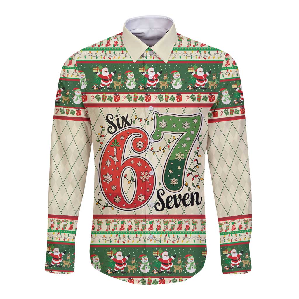 Funny Six Seven 67 Christmas Long Sleeve Button Shirt Christmas Santa Patterns - Wonder Print Shop