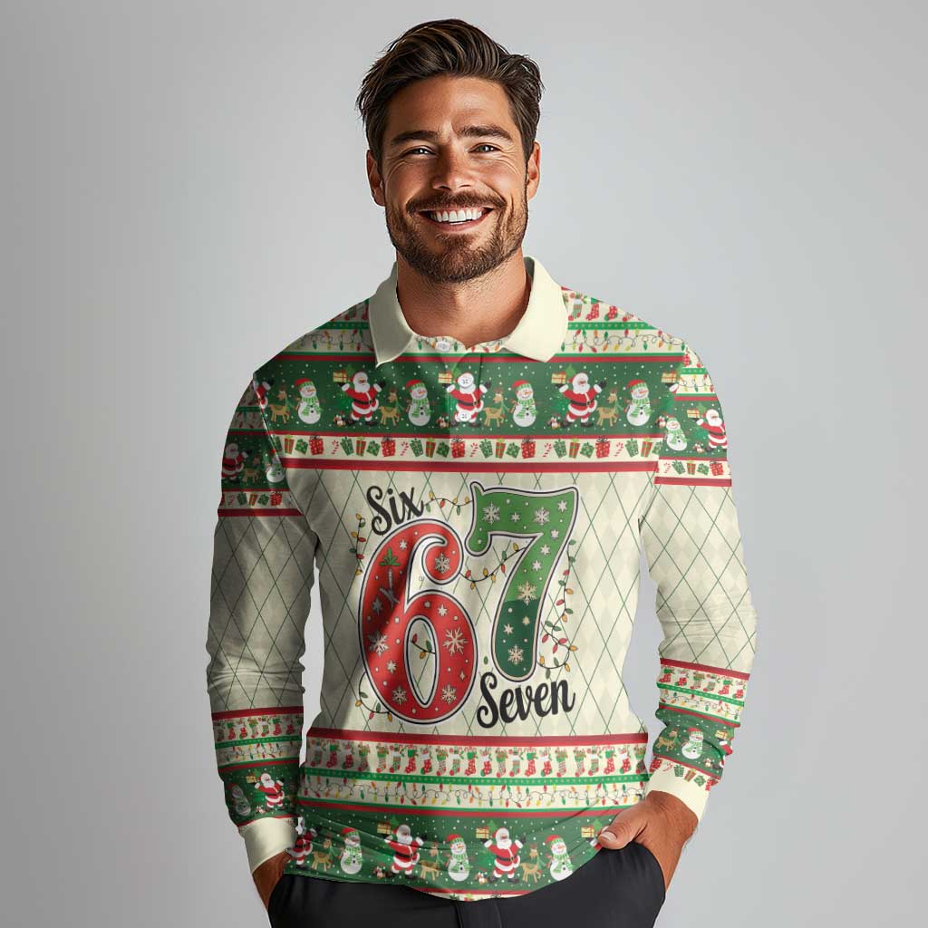 Funny Six Seven 67 Christmas Long Sleeve Polo Shirt Christmas Santa Patterns - Wonder Print Shop