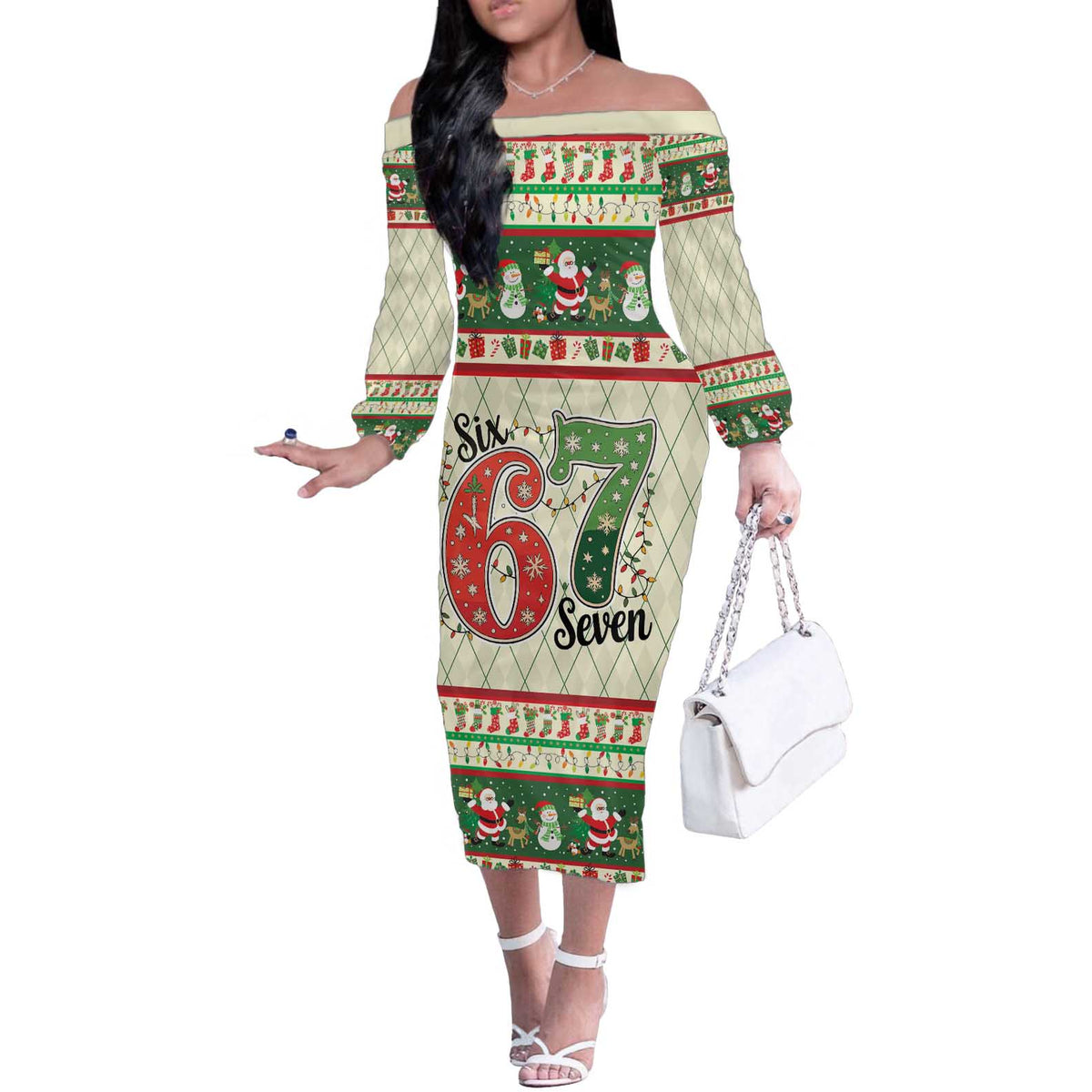Funny Six Seven 67 Christmas Off The Shoulder Long Sleeve Dress Christmas Santa Patterns - Wonder Print Shop