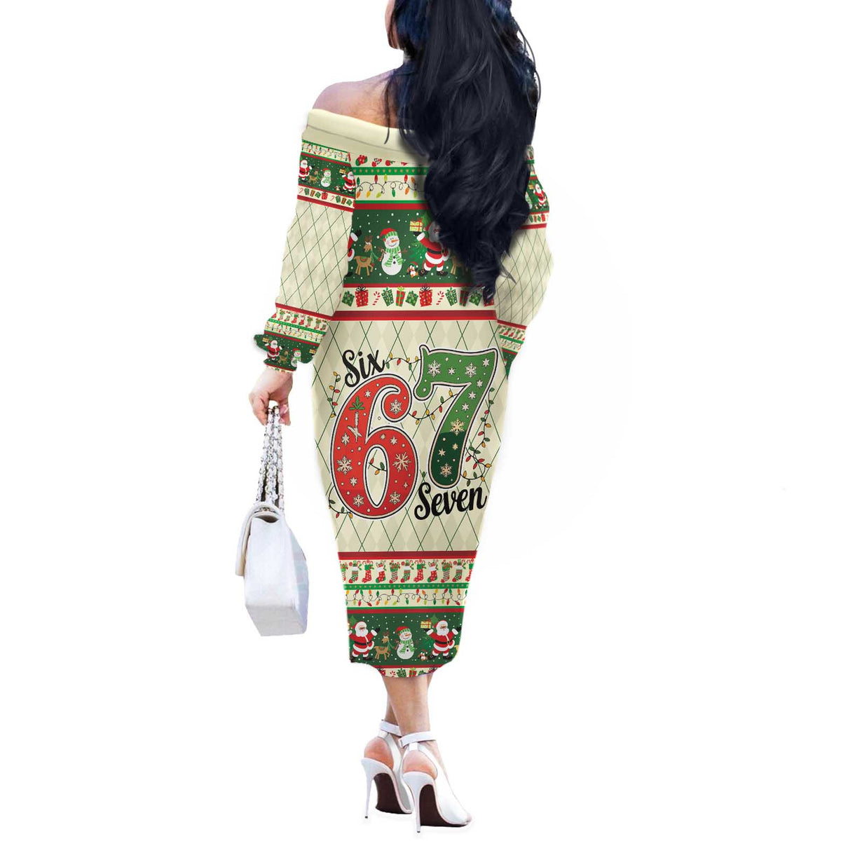 Funny Six Seven 67 Christmas Off The Shoulder Long Sleeve Dress Christmas Santa Patterns - Wonder Print Shop