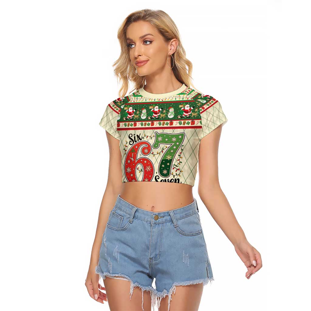 Funny Six Seven 67 Christmas Raglan Cropped T Shirt Christmas Santa Patterns - Wonder Print Shop