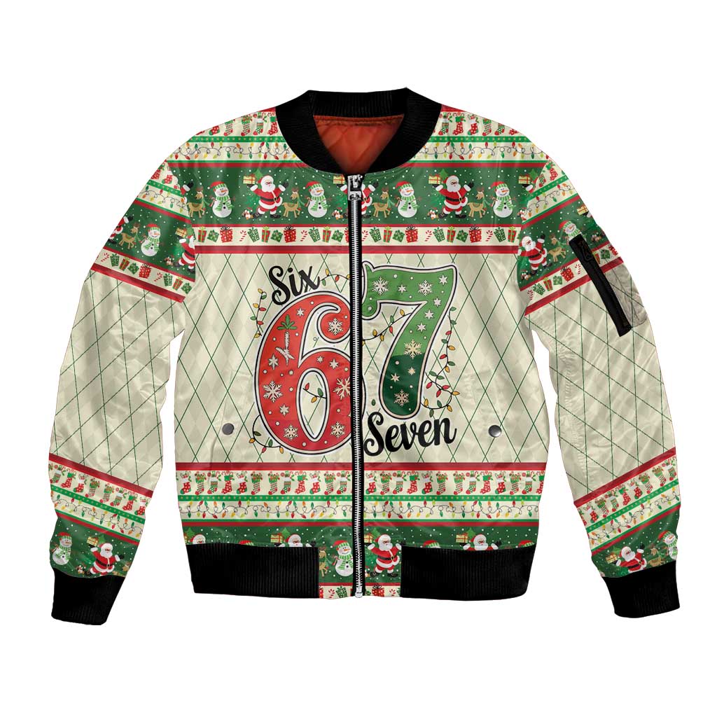 Funny Six Seven 67 Christmas Sleeve Zip Bomber Jacket Christmas Santa Patterns - Wonder Print Shop