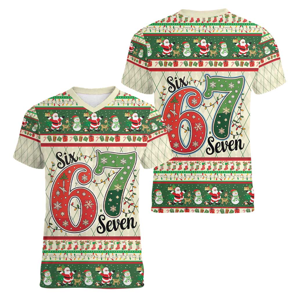 Funny Six Seven 67 Christmas Women V-Neck T-Shirt Christmas Santa Patterns - Wonder Print Shop