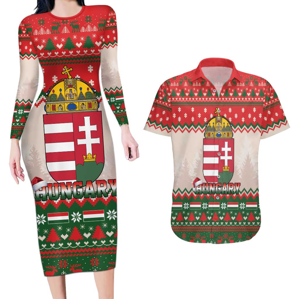 Hungary Christmas Couples Matching Long Sleeve Bodycon Dress and Hawaiian Shirt Magyarorszag Boldog Karacsonyt - Wonder Print Shop