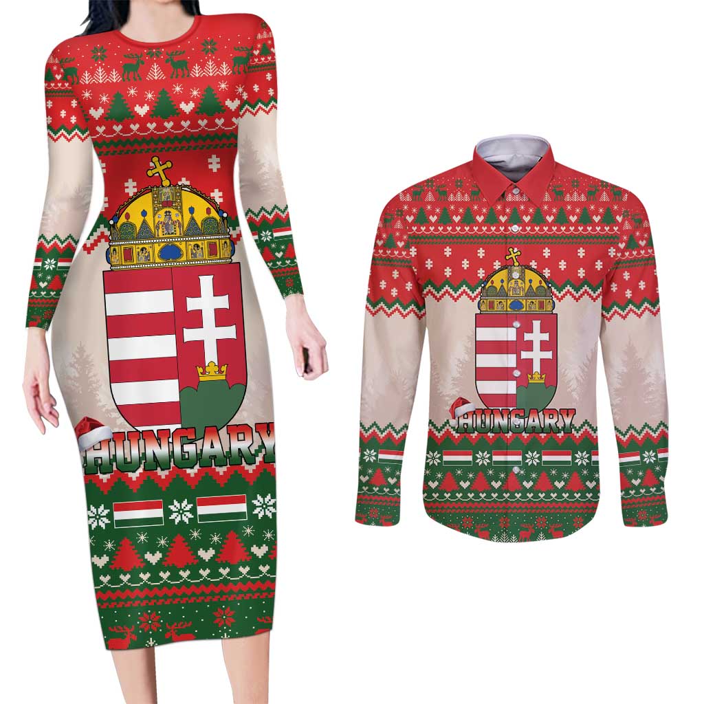 Hungary Christmas Couples Matching Long Sleeve Bodycon Dress and Long Sleeve Button Shirt Magyarorszag Boldog Karacsonyt - Wonder Print Shop