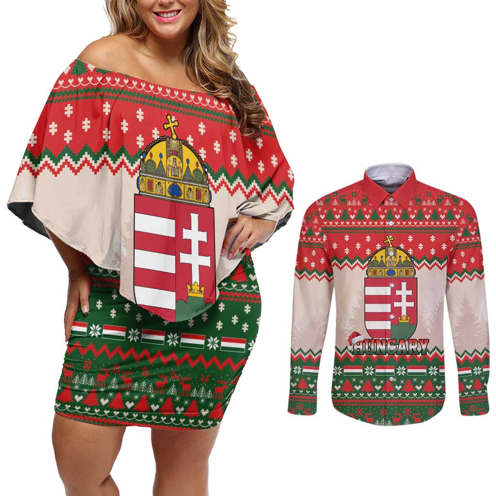 Hungary Christmas Couples Matching Off Shoulder Short Dress and Long Sleeve Button Shirt Magyarorszag Boldog Karacsonyt - Wonder Print Shop