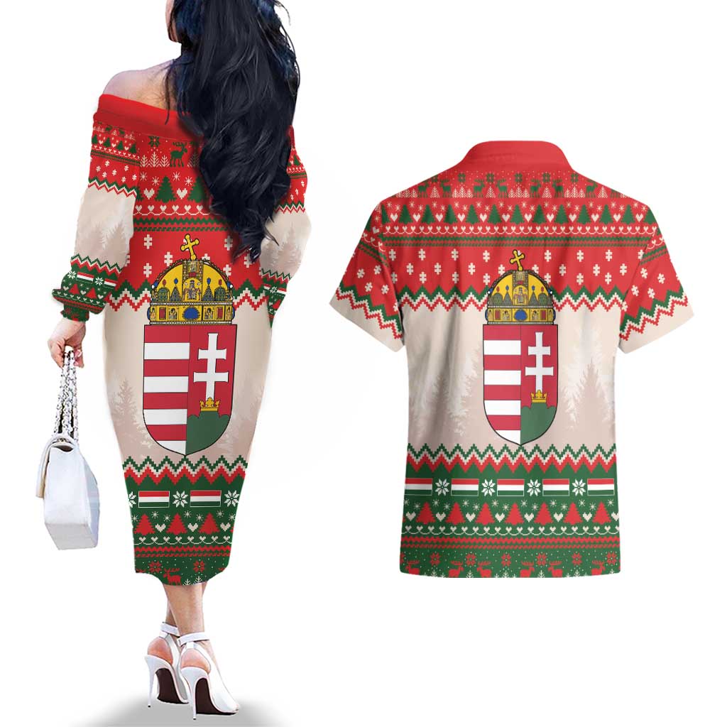 Hungary Christmas Couples Matching Off The Shoulder Long Sleeve Dress and Hawaiian Shirt Magyarorszag Boldog Karacsonyt - Wonder Print Shop