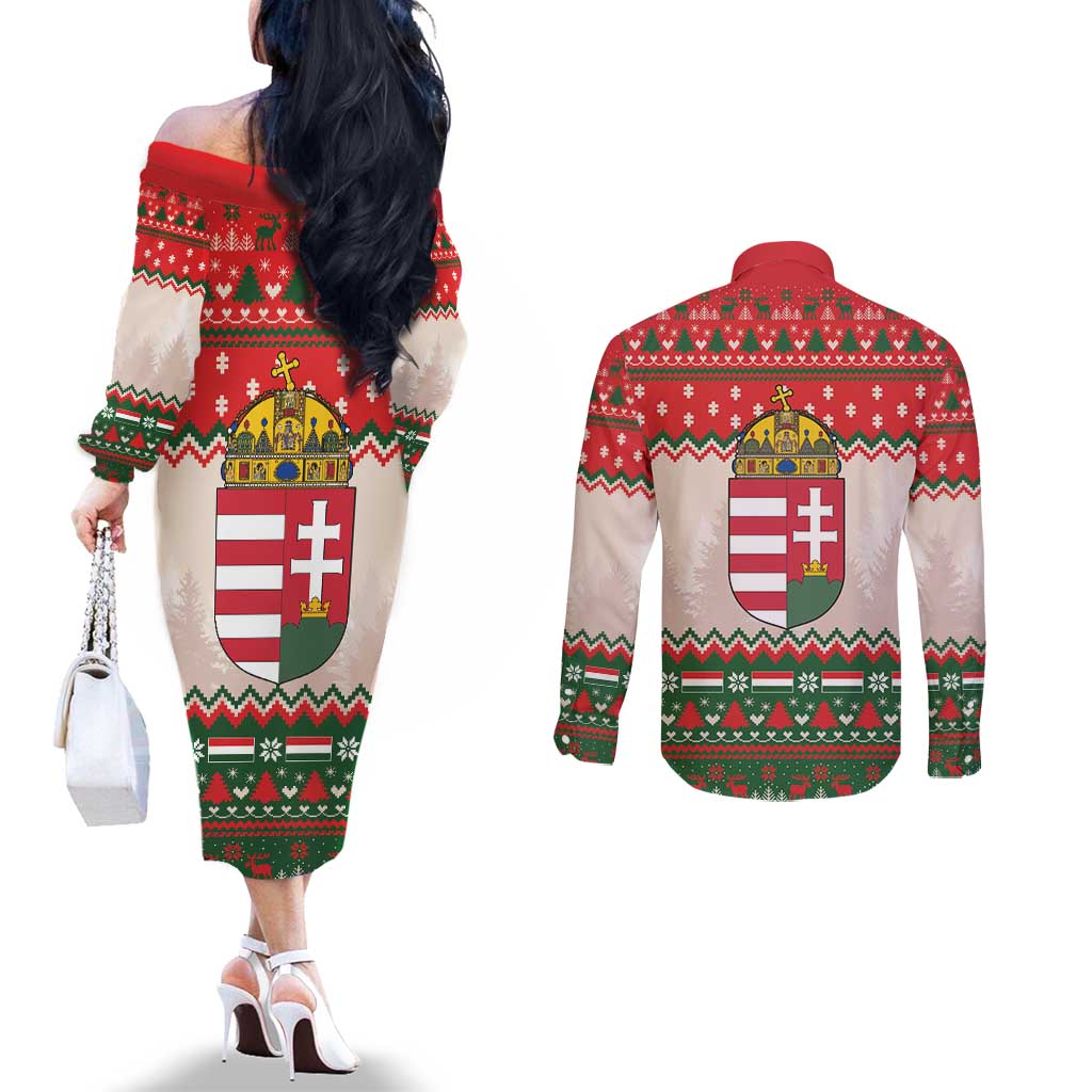 Hungary Christmas Couples Matching Off The Shoulder Long Sleeve Dress and Long Sleeve Button Shirt Magyarorszag Boldog Karacsonyt - Wonder Print Shop