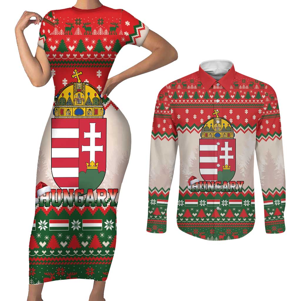 Hungary Christmas Couples Matching Short Sleeve Bodycon Dress and Long Sleeve Button Shirt Magyarorszag Boldog Karacsonyt - Wonder Print Shop