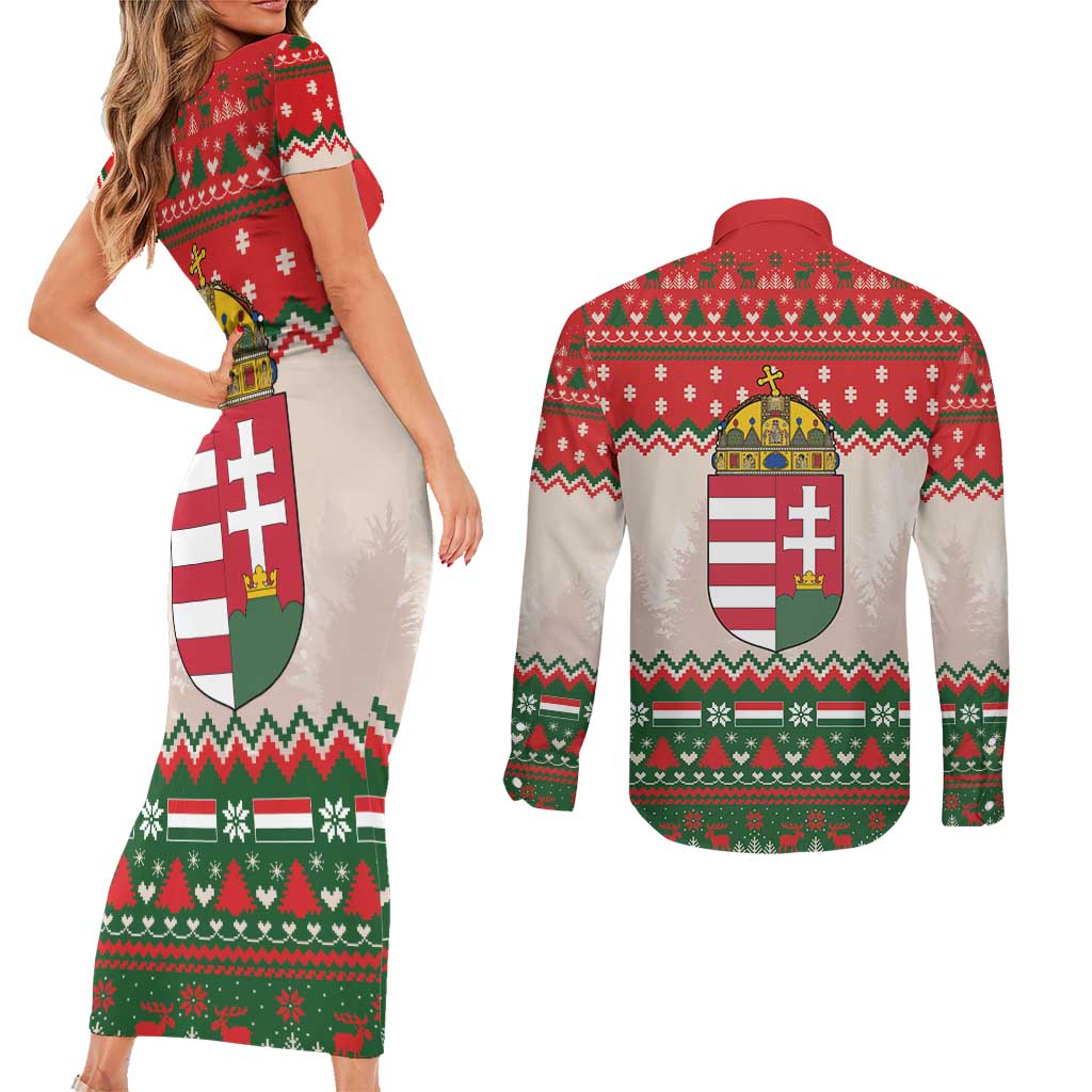 Hungary Christmas Couples Matching Short Sleeve Bodycon Dress and Long Sleeve Button Shirt Magyarorszag Boldog Karacsonyt - Wonder Print Shop