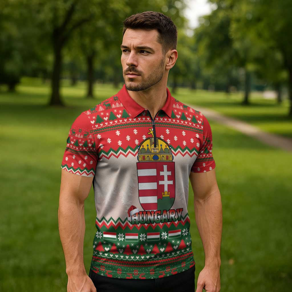 Hungary Christmas Zipper Polo Shirt Magyarorszag Boldog Karacsonyt - Wonder Print Shop