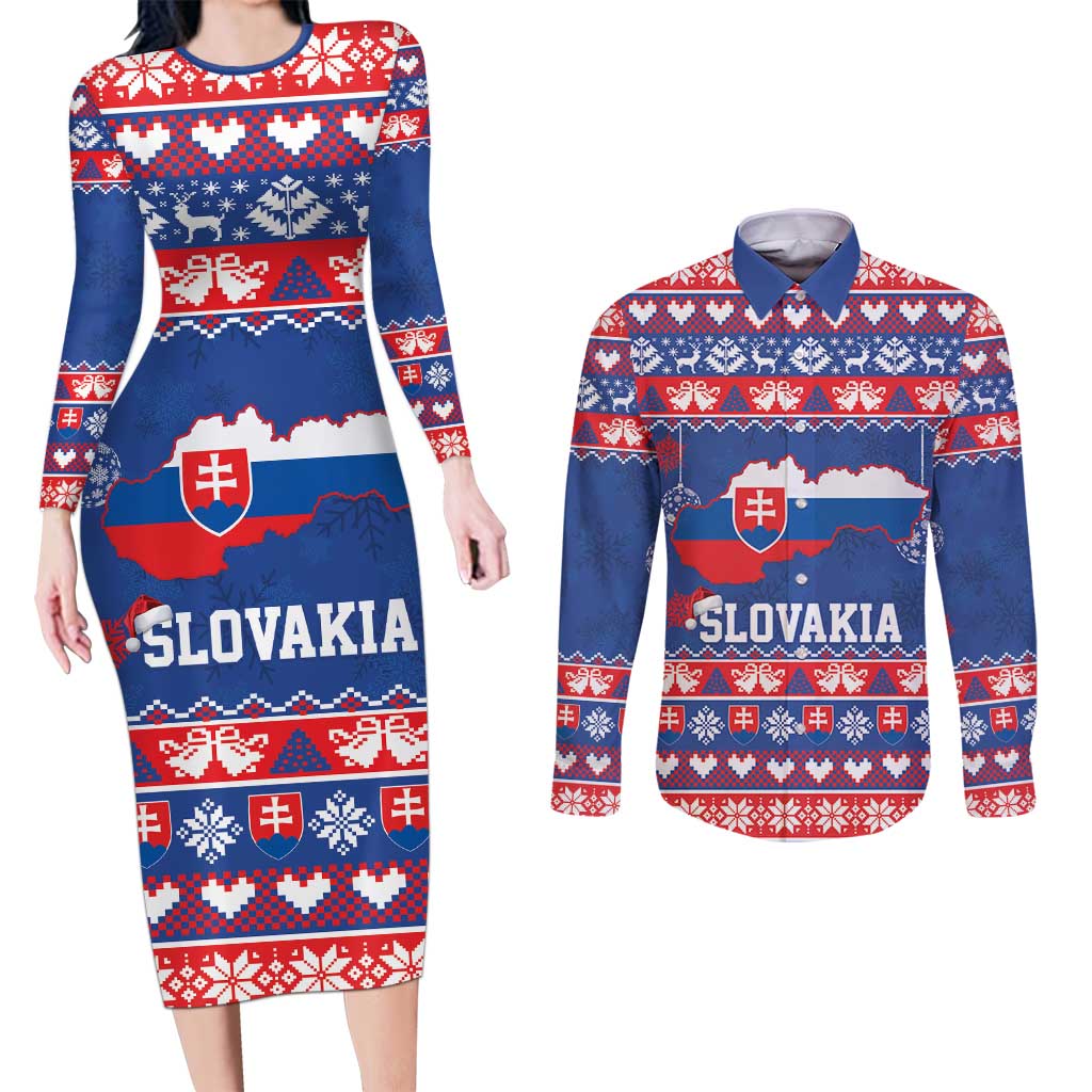 Slovakia Christmas Couples Matching Long Sleeve Bodycon Dress and Long Sleeve Button Shirt Slovakian Double Cross Map - Wonder Print Shop