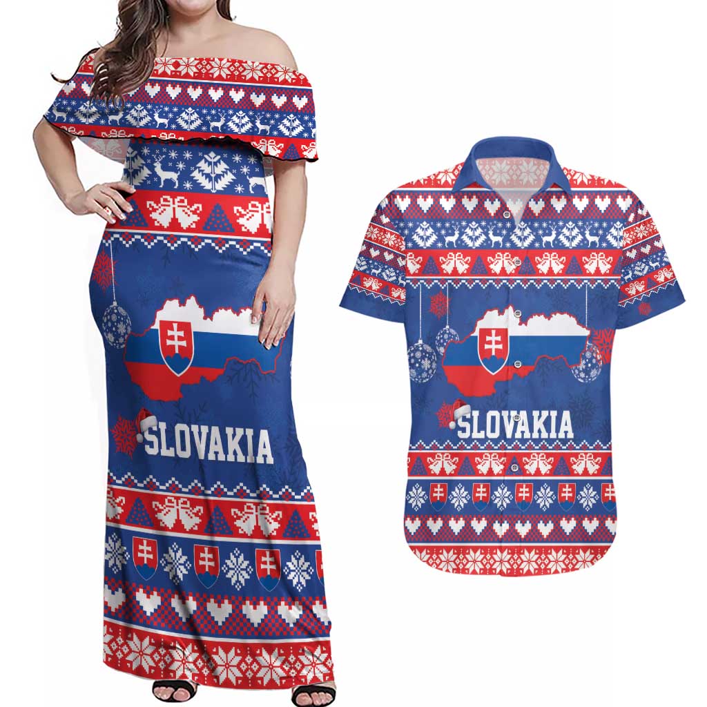 Slovakia Christmas Couples Matching Off Shoulder Maxi Dress and Hawaiian Shirt Slovakian Double Cross Map - Wonder Print Shop