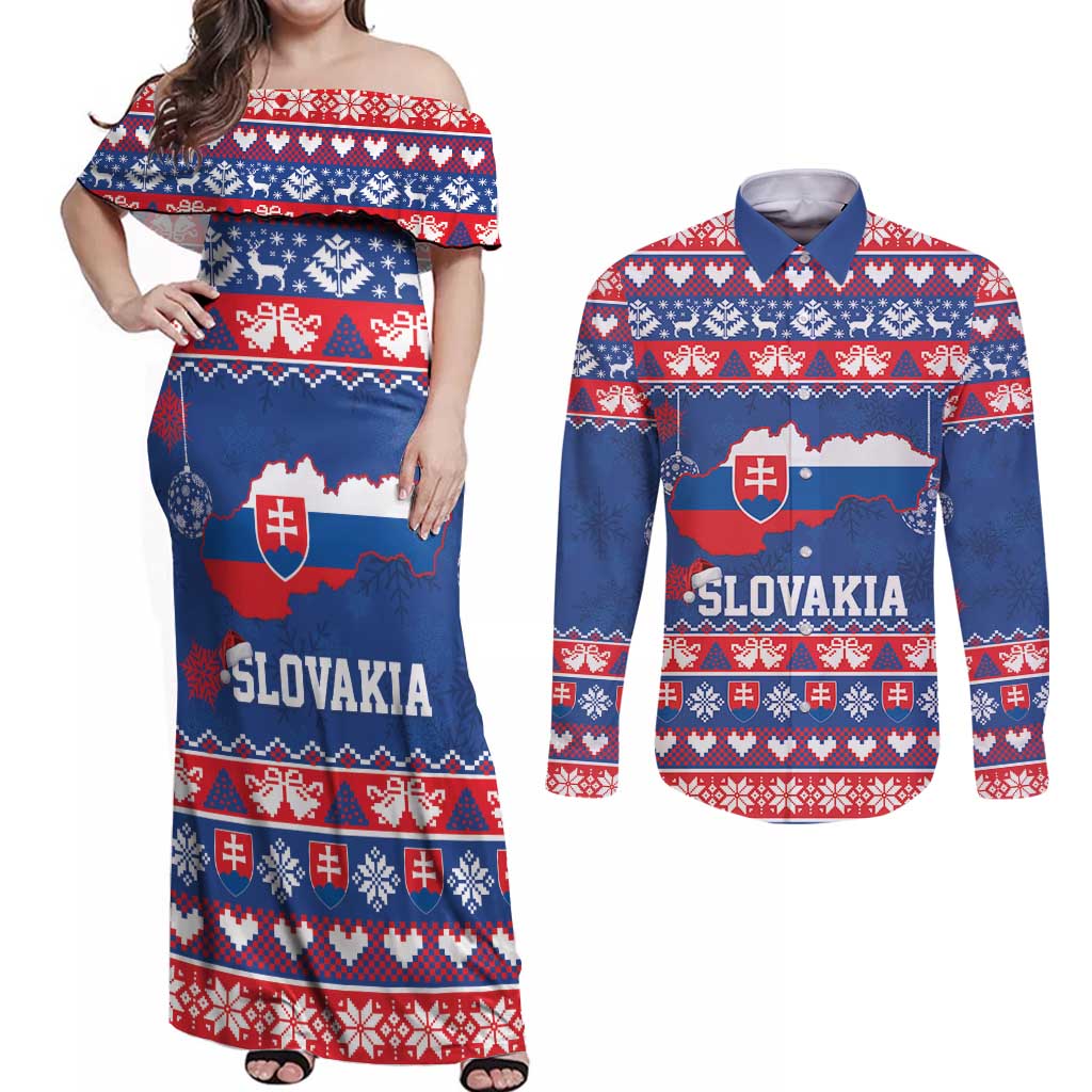 Slovakia Christmas Couples Matching Off Shoulder Maxi Dress and Long Sleeve Button Shirt Slovakian Double Cross Map - Wonder Print Shop