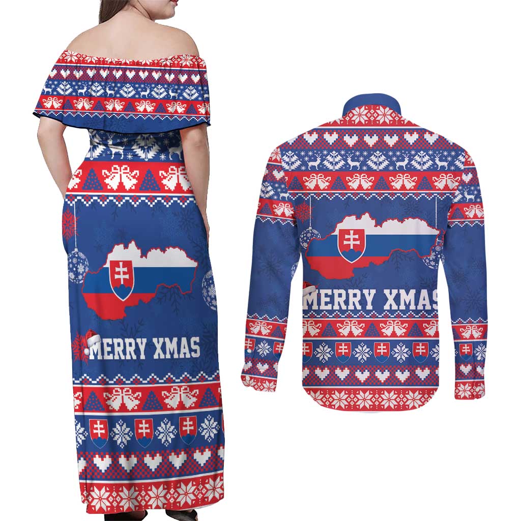 Slovakia Christmas Couples Matching Off Shoulder Maxi Dress and Long Sleeve Button Shirt Slovakian Double Cross Map - Wonder Print Shop