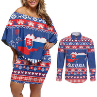 Slovakia Christmas Couples Matching Off Shoulder Short Dress and Long Sleeve Button Shirt Slovakian Double Cross Map - Wonder Print Shop