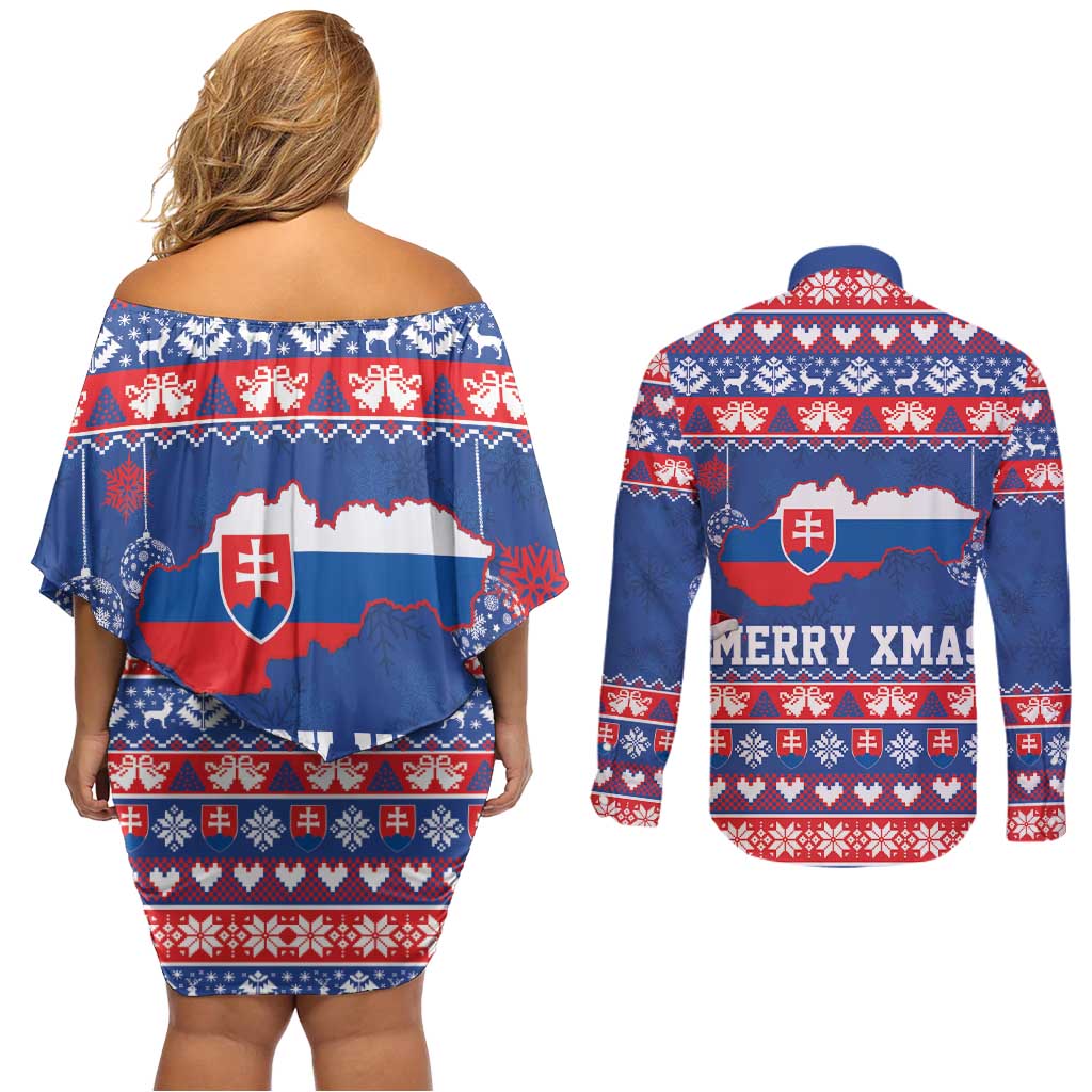 Slovakia Christmas Couples Matching Off Shoulder Short Dress and Long Sleeve Button Shirt Slovakian Double Cross Map - Wonder Print Shop